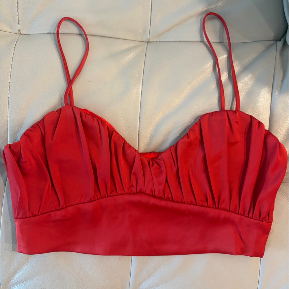 Meshki Girls' Red Satin Pleated Crop Top